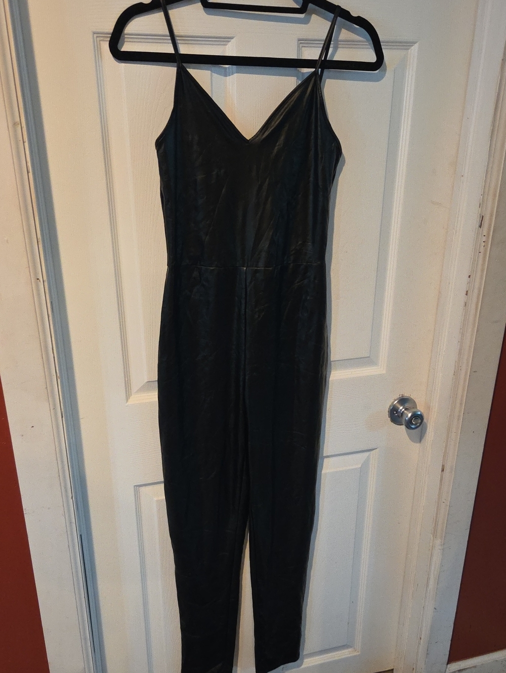 Fashion Nova Black Faux-Leather Spaghetti Strap Jumpsuit